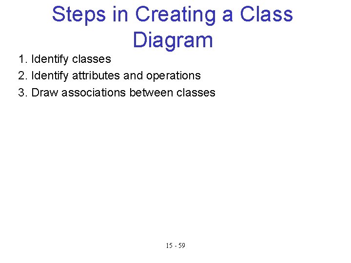 Steps in Creating a Class Diagram 1. Identify classes 2. Identify attributes and operations Steps in Creating a Class Diagram 1. Identify classes 2. Identify attributes and operations