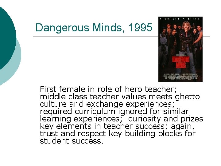 Dangerous Minds, 1995 First female in role of hero teacher; middle class teacher values