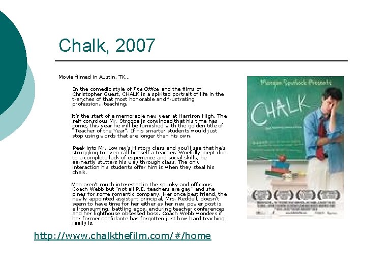 Chalk, 2007 Movie filmed in Austin, TX… In the comedic style of The Office