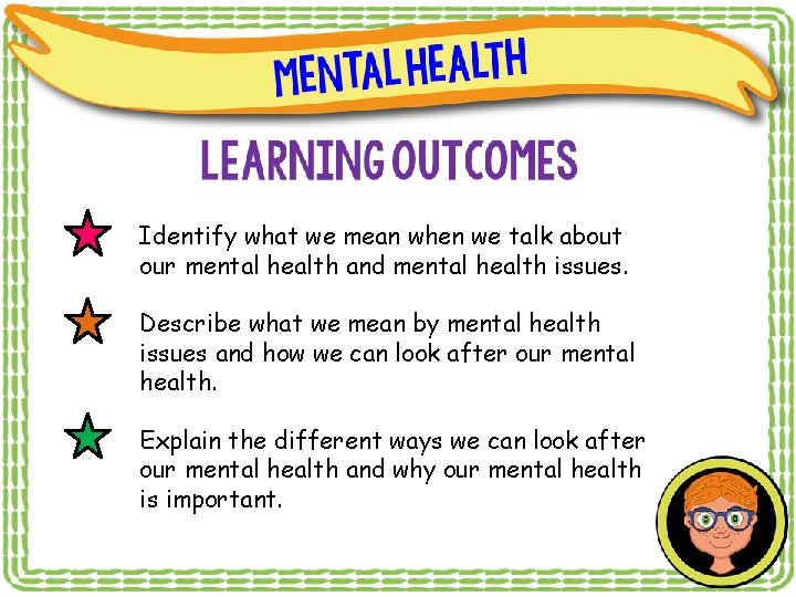 Identify what we mean when we talk about our mental health and mental health