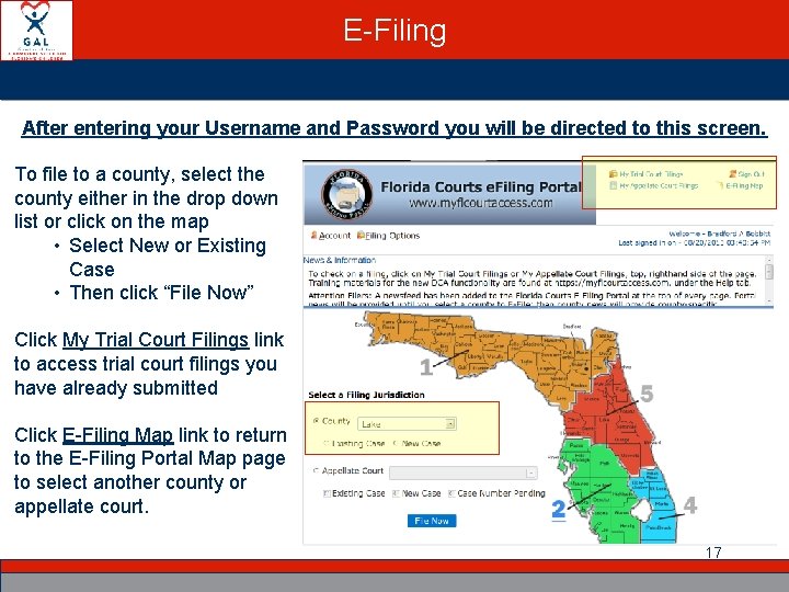 E-Filing After entering your Username and Password you will be directed to this screen.