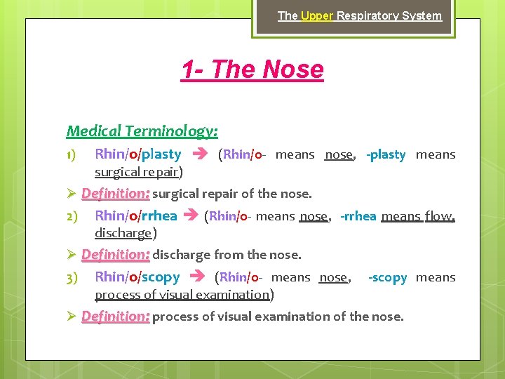 The Upper Respiratory System 1 - The Nose Medical Terminology: 1) Rhin/o/plasty (Rhin/o- means