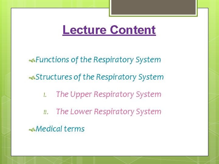 Lecture Content Functions of the Respiratory System Structures of the Respiratory System I. The