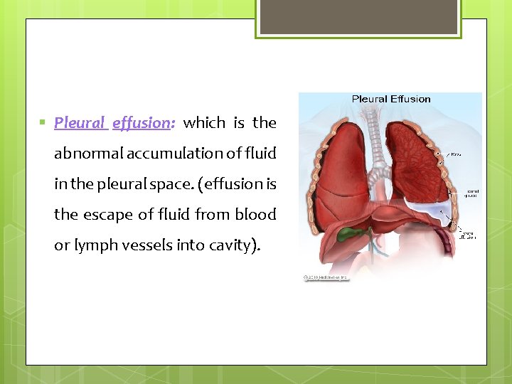 § Pleural effusion: which is the abnormal accumulation of fluid in the pleural space.