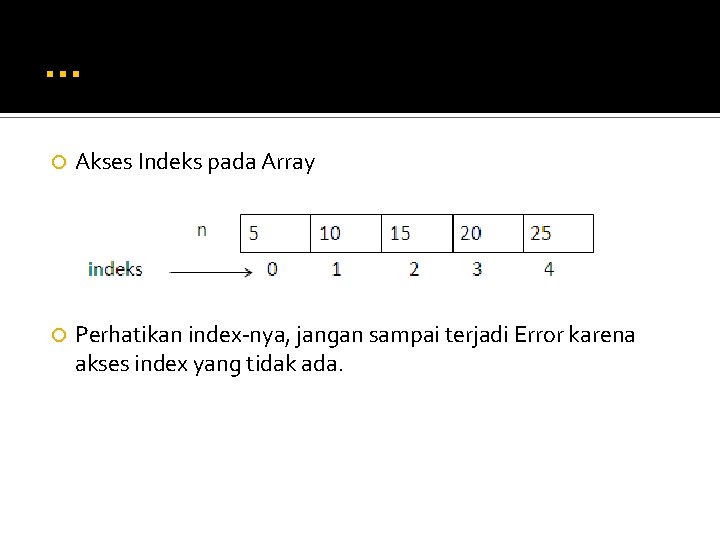 … Akses Indeks pada Array Perhatikan index-nya, jangan sampai terjadi Error karena akses index