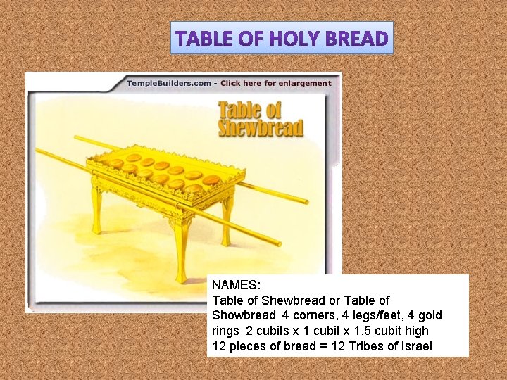 NAMES: Table of Shewbread or Table of Showbread 4 corners, 4 legs/feet, 4 gold