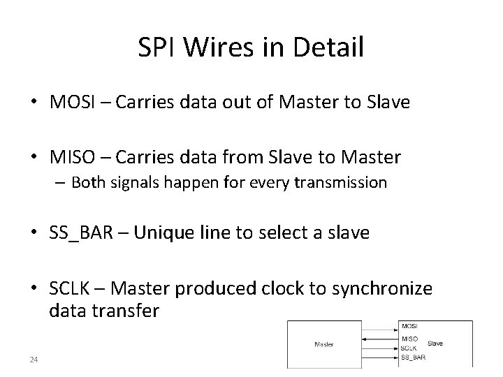SPI Wires in Detail • MOSI – Carries data out of Master to Slave