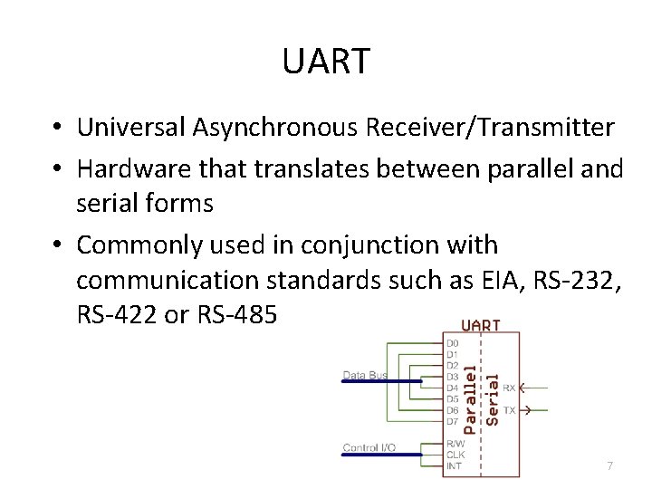 UART • Universal Asynchronous Receiver/Transmitter • Hardware that translates between parallel and serial forms