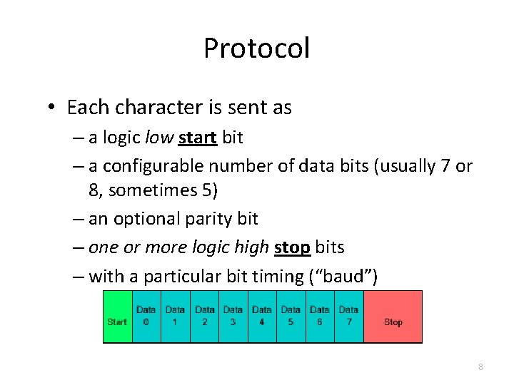 Protocol • Each character is sent as – a logic low start bit –