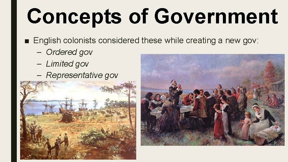 Concepts of Government ■ English colonists considered these while creating a new gov: –