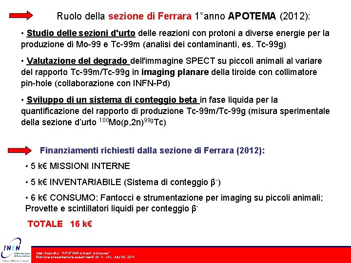 Ruolo della sezione di Ferrara 1°anno APOTEMA (2012): • Studio delle sezioni d'urto delle