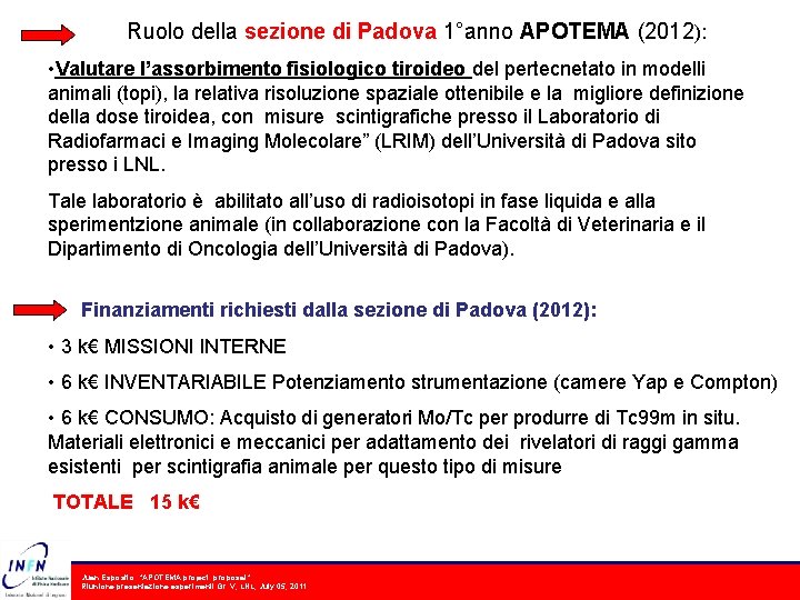 Ruolo della sezione di Padova 1°anno APOTEMA (2012): • Valutare l’assorbimento fisiologico tiroideo del