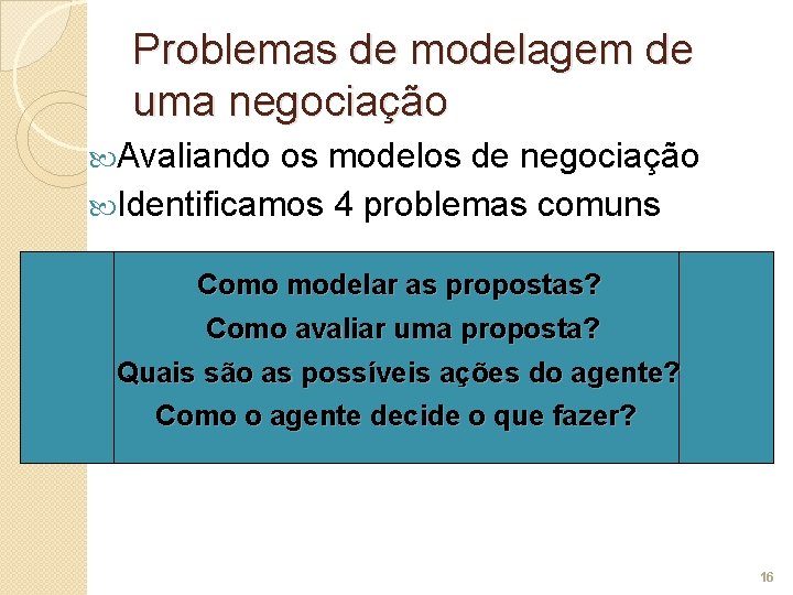 Problemas de modelagem de uma negociação Avaliando os modelos de negociação Identificamos 4 problemas