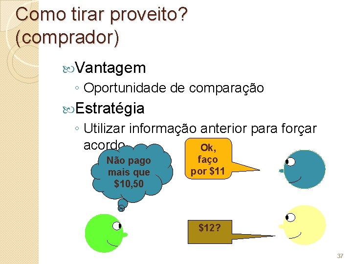 Como tirar proveito? (comprador) Vantagem ◦ Oportunidade de comparação Estratégia ◦ Utilizar informação anterior