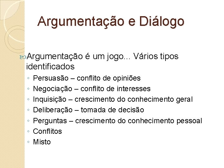 Argumentação e Diálogo Argumentação é um jogo. . . Vários tipos identificados ◦ ◦