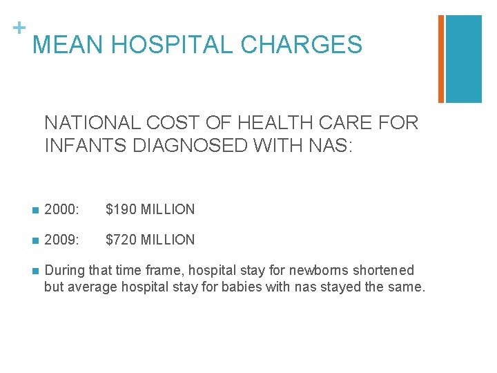 + MEAN HOSPITAL CHARGES NATIONAL COST OF HEALTH CARE FOR INFANTS DIAGNOSED WITH NAS: