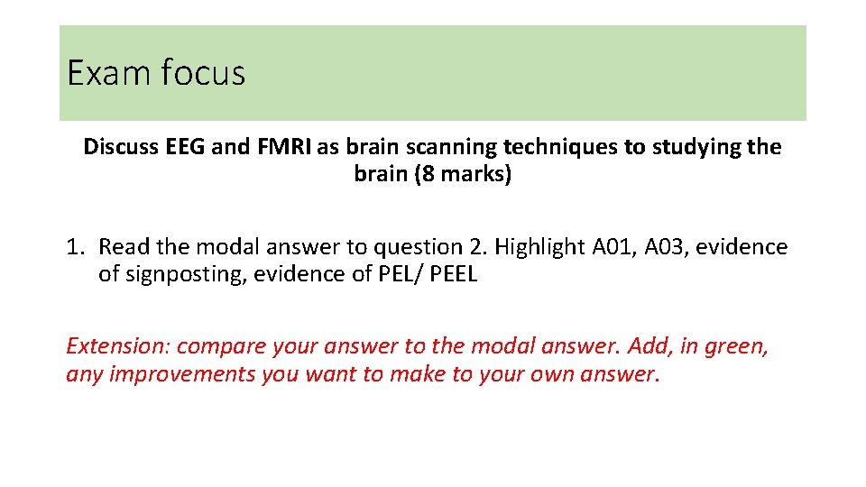 Exam focus Discuss EEG and FMRI as brain scanning techniques to studying the brain