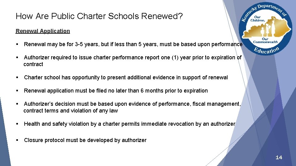 How Are Public Charter Schools Renewed? Renewal Application § Renewal may be for 3