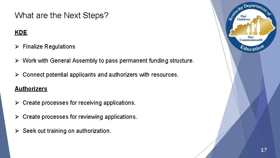 What are the Next Steps? KDE Ø Finalize Regulations Ø Work with General Assembly
