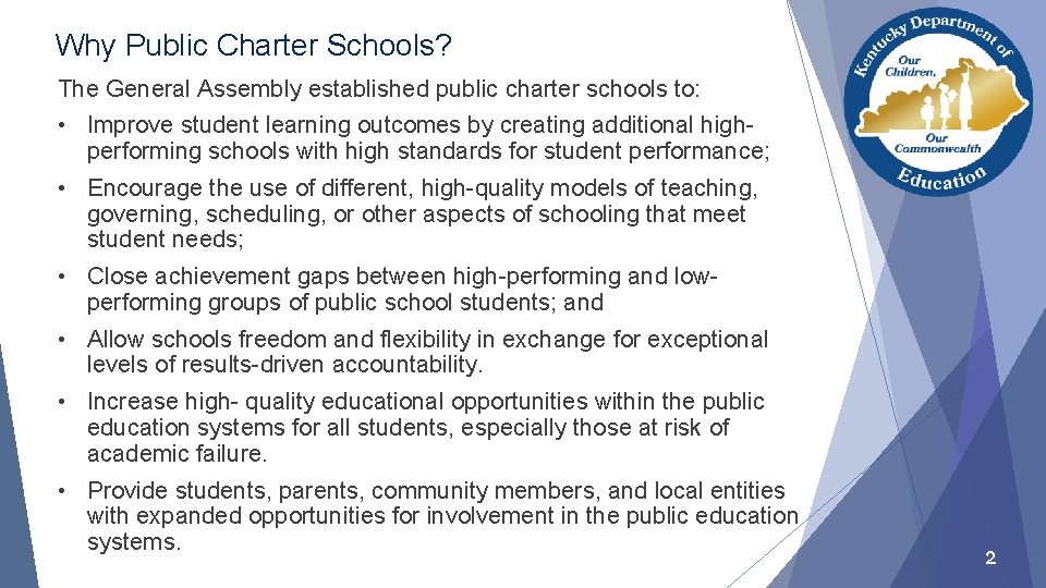 Why Public Charter Schools? The General Assembly established public charter schools to: • Improve