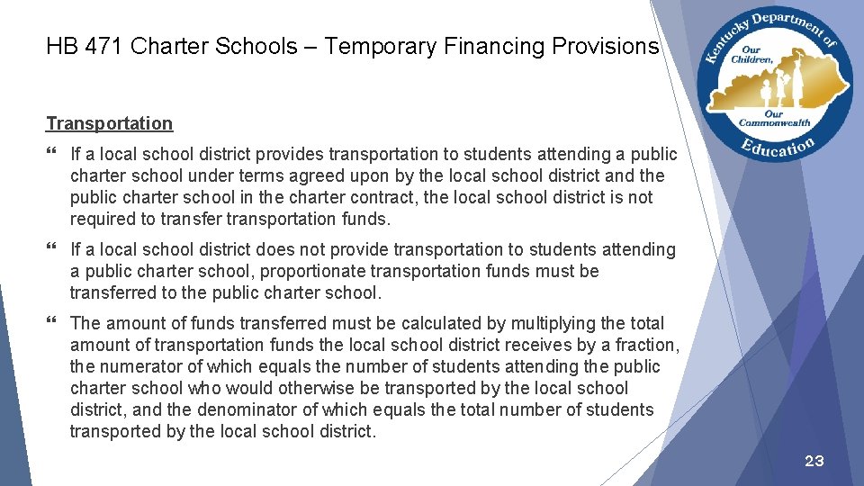HB 471 Charter Schools – Temporary Financing Provisions Transportation } If a local school