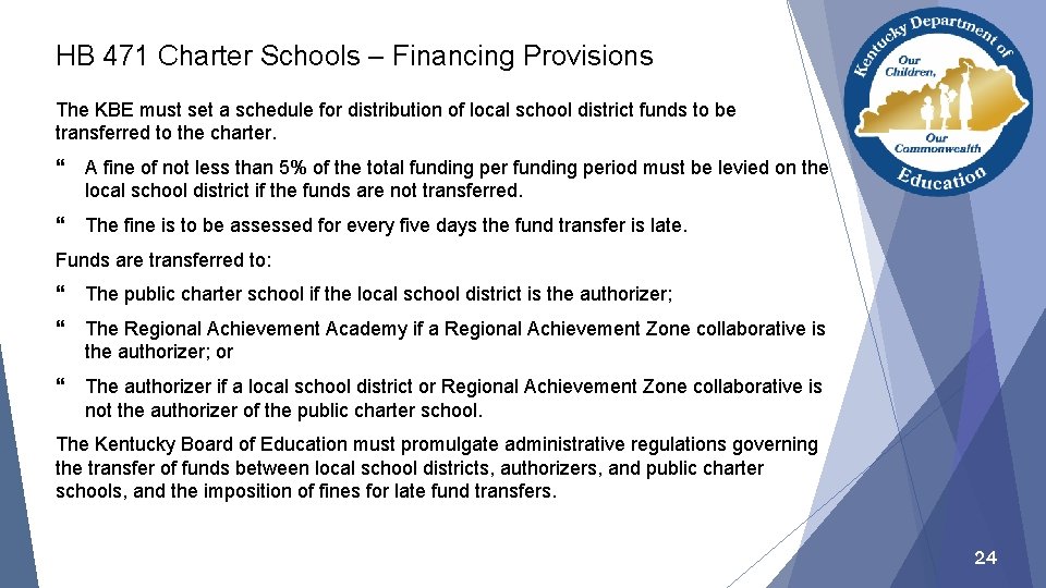 HB 471 Charter Schools – Financing Provisions The KBE must set a schedule for