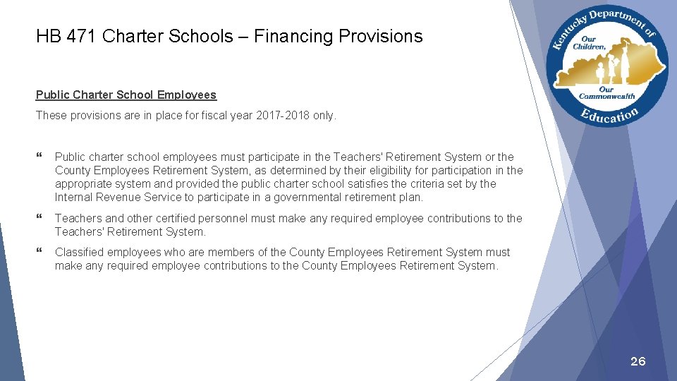 HB 471 Charter Schools – Financing Provisions Public Charter School Employees These provisions are