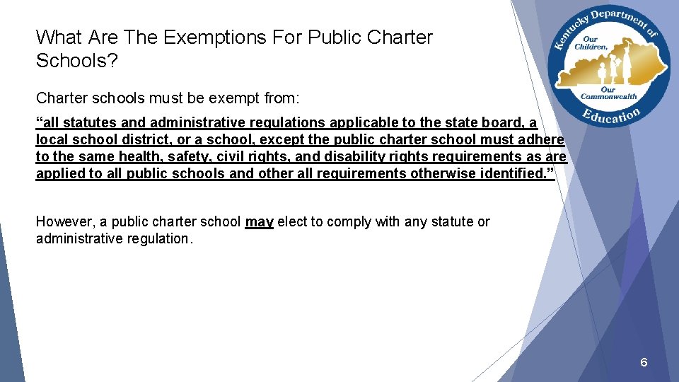 What Are The Exemptions For Public Charter Schools? Charter schools must be exempt from: