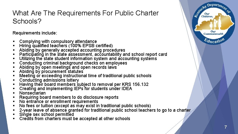 What Are The Requirements For Public Charter Schools? Requirements include: § § § §