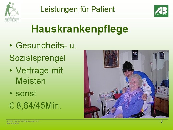 Leistungen für Patient Hauskrankenpflege • Gesundheits- u. Sozialsprengel • Verträge mit Meisten • sonst