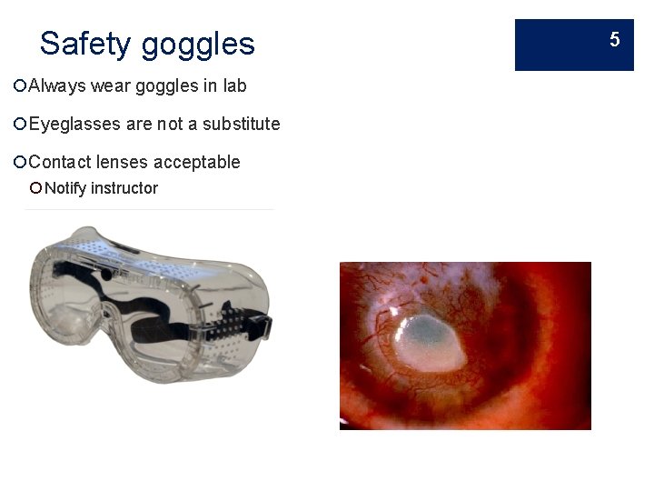Safety goggles Always wear goggles in lab Eyeglasses are not a substitute Contact lenses