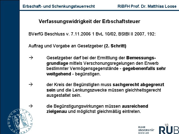 Erbschaft und Schenkungsteuerrecht Ri. BFH Prof. Dr. Matthias Loose Verfassungswidrigkeit der Erbschaftsteuer BVerf. G