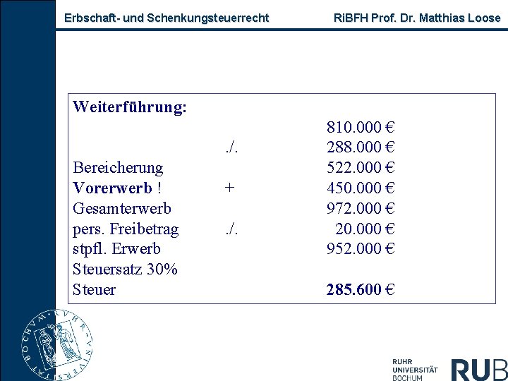 Erbschaft und Schenkungsteuerrecht Ri. BFH Prof. Dr. Matthias Loose Weiterführung: . /. Bereicherung Vorerwerb
