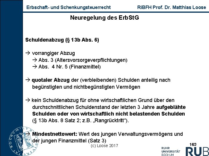 Erbschaft und Schenkungsteuerrecht Ri. BFH Prof. Dr. Matthias Loose Neuregelung des Erb. St. G