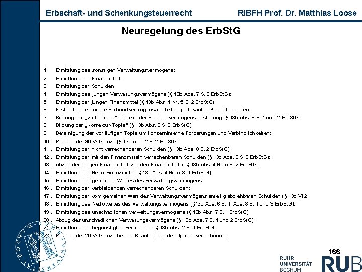 Erbschaft und Schenkungsteuerrecht Ri. BFH Prof. Dr. Matthias Loose Neuregelung des Erb. St. G