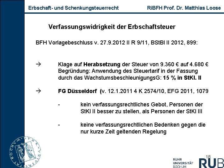 Erbschaft und Schenkungsteuerrecht Ri. BFH Prof. Dr. Matthias Loose Verfassungswidrigkeit der Erbschaftsteuer BFH Vorlagebeschluss