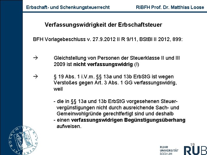 Erbschaft und Schenkungsteuerrecht Ri. BFH Prof. Dr. Matthias Loose Verfassungswidrigkeit der Erbschaftsteuer BFH Vorlagebeschluss