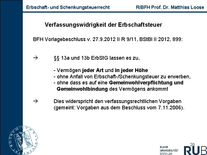 Erbschaft und Schenkungsteuerrecht Ri. BFH Prof. Dr. Matthias Loose Verfassungswidrigkeit der Erbschaftsteuer BFH Vorlagebeschluss