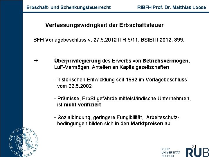 Erbschaft und Schenkungsteuerrecht Ri. BFH Prof. Dr. Matthias Loose Verfassungswidrigkeit der Erbschaftsteuer BFH Vorlagebeschluss