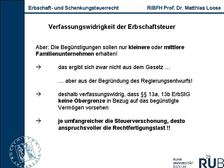 Erbschaft und Schenkungsteuerrecht Ri. BFH Prof. Dr. Matthias Loose Verfassungswidrigkeit der Erbschaftsteuer Aber: Die