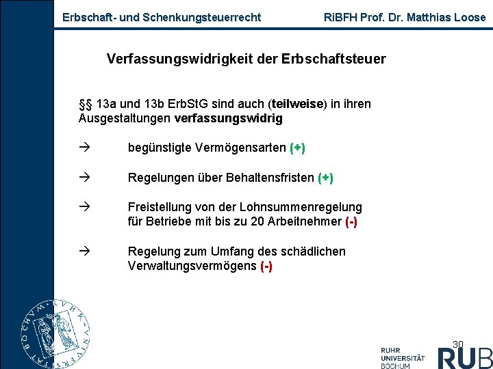 Erbschaft und Schenkungsteuerrecht Ri. BFH Prof. Dr. Matthias Loose Verfassungswidrigkeit der Erbschaftsteuer §§ 13