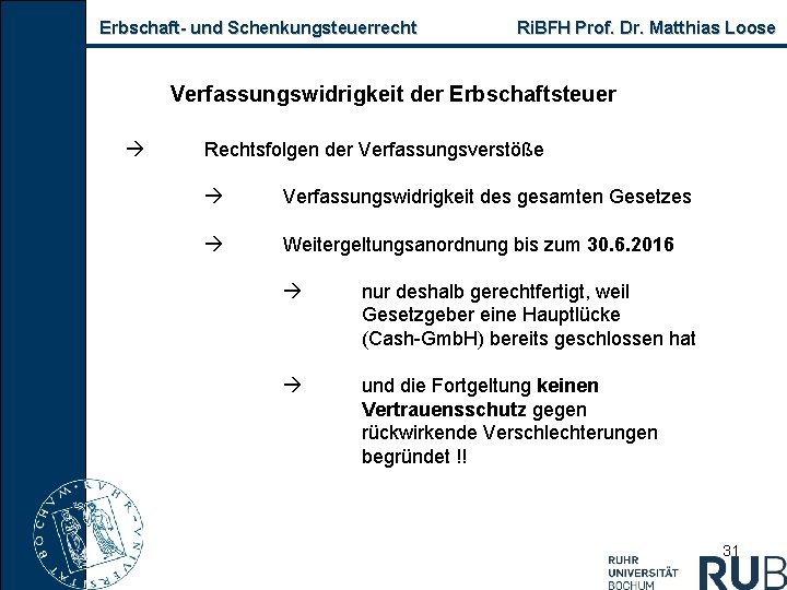 Erbschaft und Schenkungsteuerrecht Ri. BFH Prof. Dr. Matthias Loose Verfassungswidrigkeit der Erbschaftsteuer Rechtsfolgen der