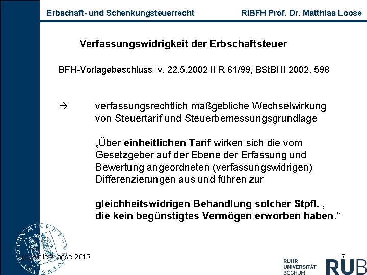 Erbschaft und Schenkungsteuerrecht Ri. BFH Prof. Dr. Matthias Loose Verfassungswidrigkeit der Erbschaftsteuer BFH Vorlagebeschluss