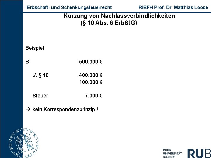 Erbschaft und Schenkungsteuerrecht Ri. BFH Prof. Dr. Matthias Loose Kürzung von Nachlassverbindlichkeiten (§ 10