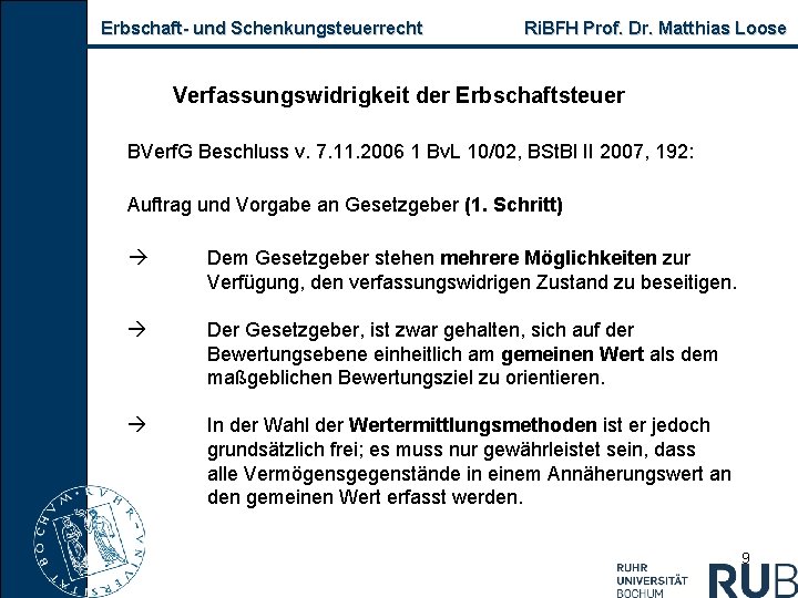 Erbschaft und Schenkungsteuerrecht Ri. BFH Prof. Dr. Matthias Loose Verfassungswidrigkeit der Erbschaftsteuer BVerf. G