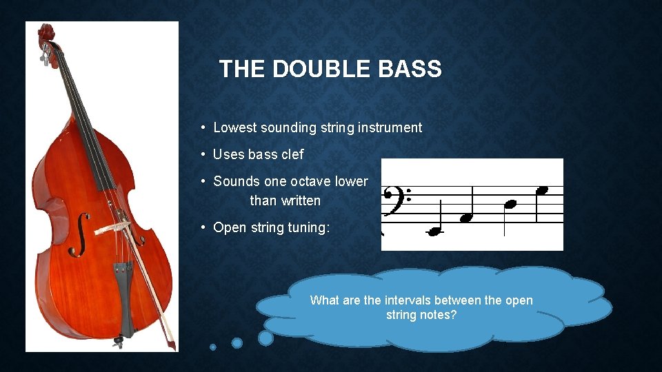 THE DOUBLE BASS • Lowest sounding string instrument • Uses bass clef • Sounds
