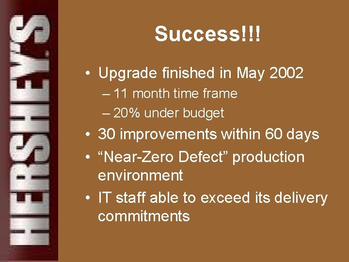 Success!!! • Upgrade finished in May 2002 – 11 month time frame – 20%