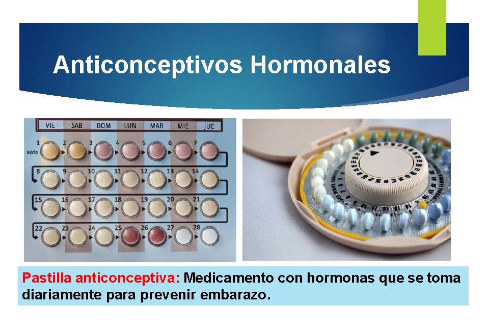 Anticonceptivos Hormonales Pastilla anticonceptiva: Medicamento con hormonas que se toma diariamente para prevenir embarazo.