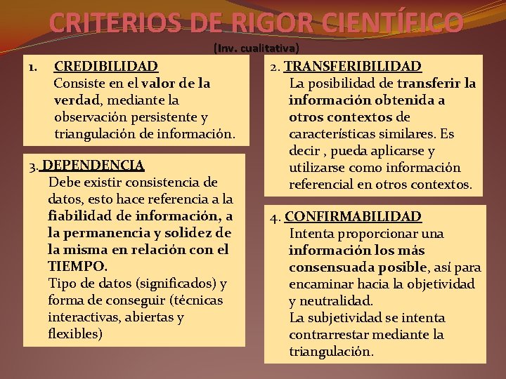 CRITERIOS DE RIGOR CIENTÍFICO (Inv. cualitativa) 1. CREDIBILIDAD Consiste en el valor de la