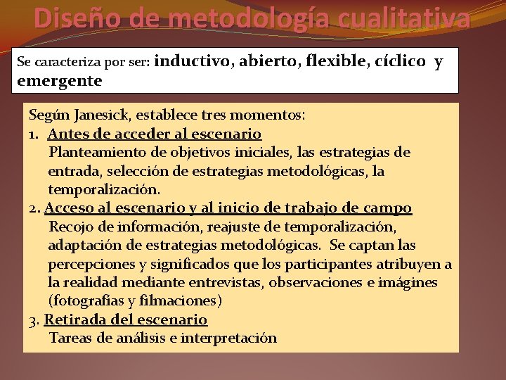 Diseño de metodología cualitativa Se caracteriza por ser: inductivo, abierto, flexible, cíclico emergente y